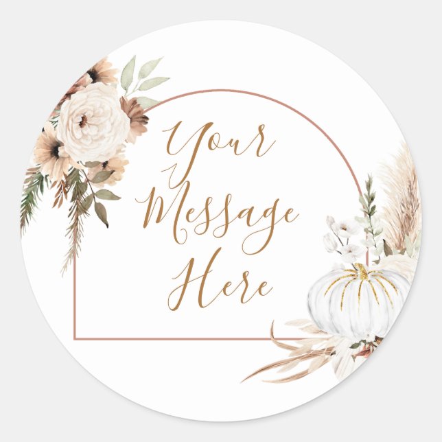 Sticker Rond Boho Arch Citrouille blanc Floral Votre message ic (Devant)
