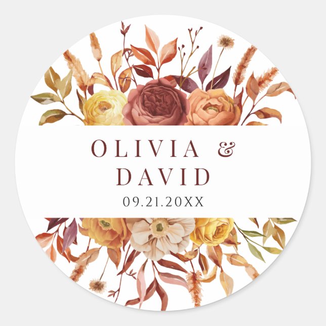 Sticker Rond Boho Automne Floral Fleurs Rustiques Mariage de fe (Devant)