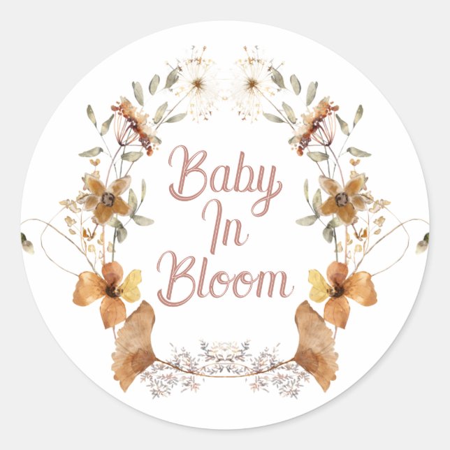 Sticker Rond Boho Baby In Bloom Baby shower Fleur sauvage (Devant)