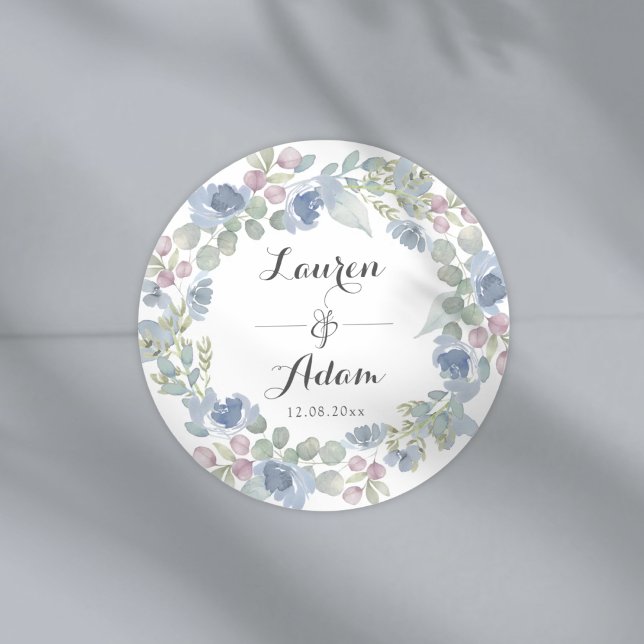 Sticker Rond Boho Blue Floral & Eucalyptus Wreath Wedding (Créateur téléchargé)