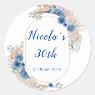 Sticker Rond Boho Blue Pampas Herbe Anniversaire