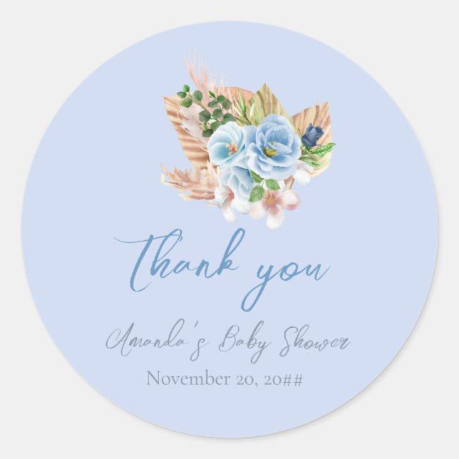 Sticker Rond Boho Blue Pampass Grass Floral Oh Boy Baby shower (Devant)