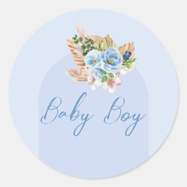 Sticker Rond Boho Blue Pampass Grass Floral Oh Boy Baby shower (Devant)