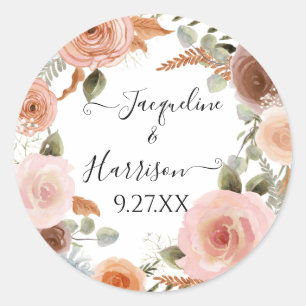 Sticker Rond BOHO Blush Floral Peach Rust Vert Aquarelle