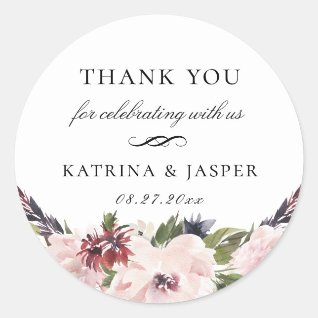 Sticker Rond Boho Blush Plum Floral Wedding Favoriser (Devant)
