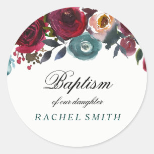 Sticker Rond Boho Bordo Bourgogne Fleurs rouges Bébé Fille Bapt
