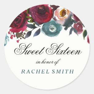 Sticker Rond Boho Bordo Bourgogne Fleurs rouges doux 16