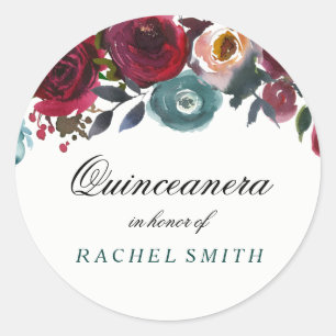 Sticker Rond Boho Bordo Bourgogne Fleurs rouges Quinceanera