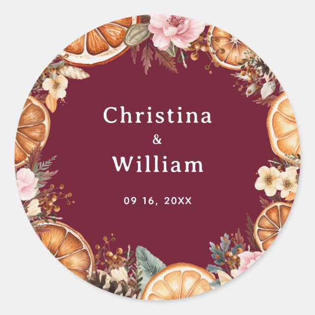 Sticker Rond Boho Bourgogne Vacances d'hiver Mariage Floral (Devant)