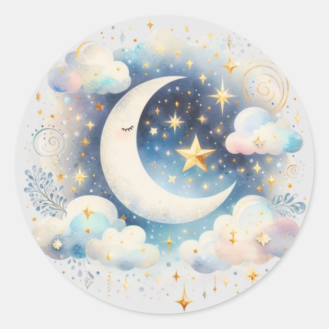 Sticker Rond Boho céleste bleu et blanc de la lune Moderne (Devant)