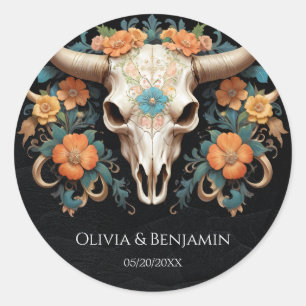 Sticker Rond Boho Chic Aquarelle Floral Vache Mariage crâne