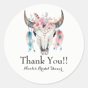Sticker Rond Boho Chic Bohemian Feathes & Cow Skull Party