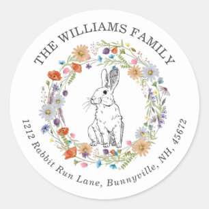 Sticker Rond Boho Chic Bunny de Pâques Aquarelle Fleurs sauvage