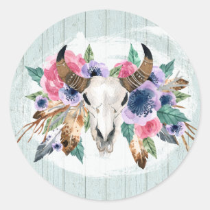 Sticker Rond Boho Chic Crâne de Vache Aquarelle Floral Bois Rus