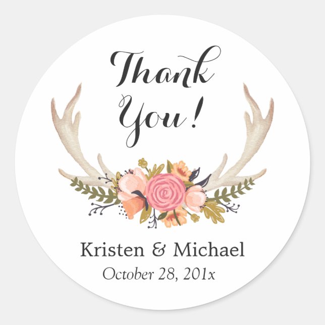 Sticker Rond Boho Chic Floral Deer Antler Merci (Devant)