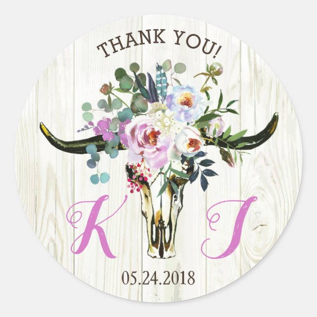 Sticker Rond Boho Chic Floral Longhorn Mariage du crâne (Devant)