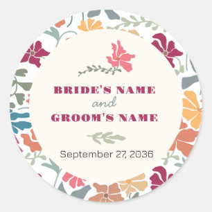Sticker Rond Boho Chic Floral Mariage Rétro Milieu de Siècle