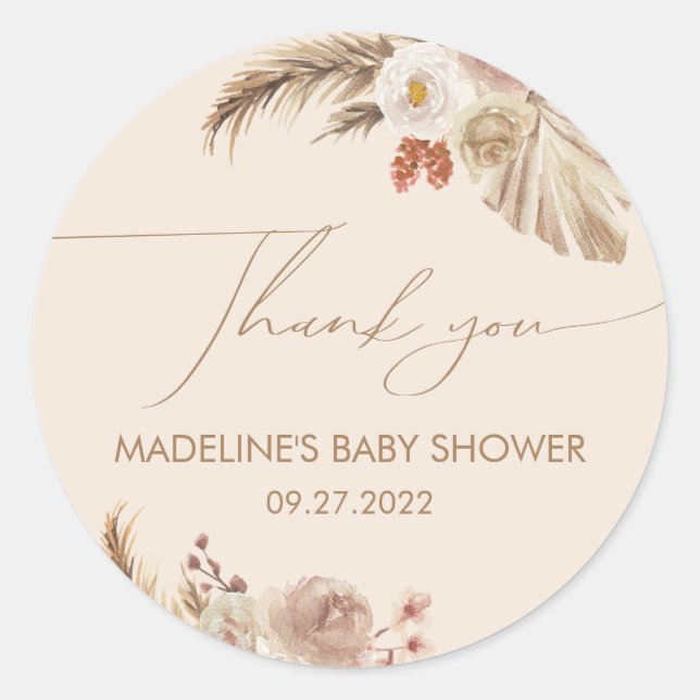 Sticker Rond Boho Chic Pampas Merci Baby shower en herbe (Devant)