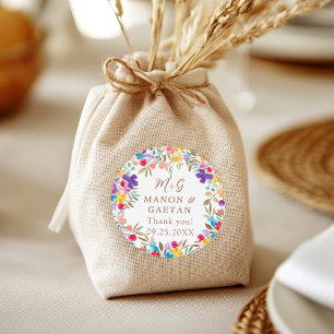 Sticker Rond Boho coloré Aquarelle Floral Mariage Favoriser
