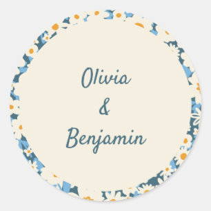 Sticker Rond Boho coloré Bleu Blanc Floral Personnalisé Mariage