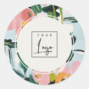Sticker Rond Boho Colorful rose bleu vert peint logo floral
