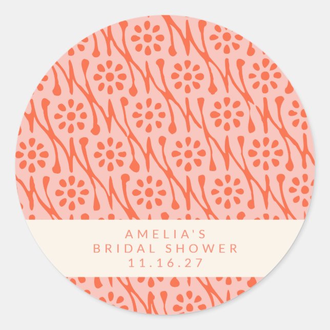 Sticker Rond Boho Coral Orange Botanical Flowers Fête des marié (Devant)