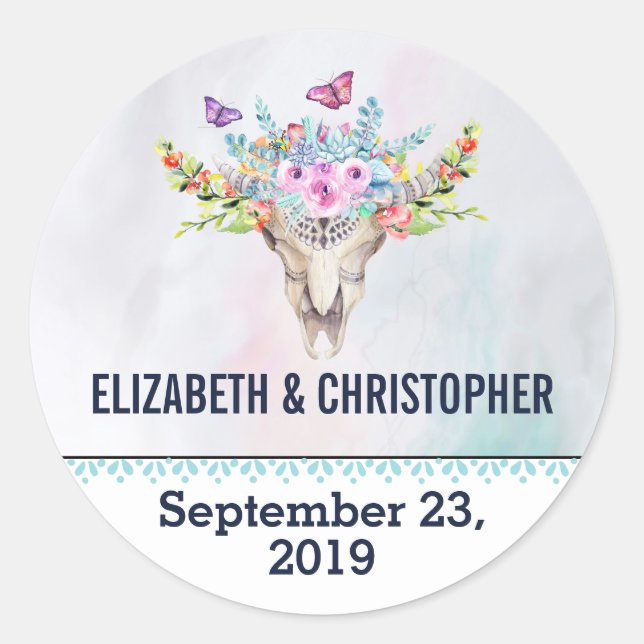 Sticker Rond Boho crâne avec Florals mariage Enregistrer la dat (Devant)