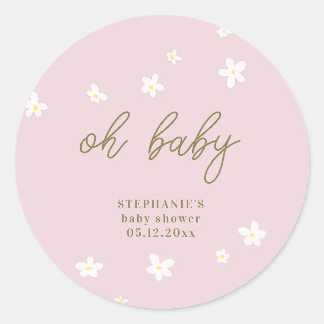Sticker Rond Boho Daisies Blush Pink Or Oh Baby Girl Douche (Devant)