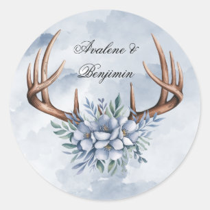 Sticker Rond Boho Deer Antler avec Mariage Floral bleu
