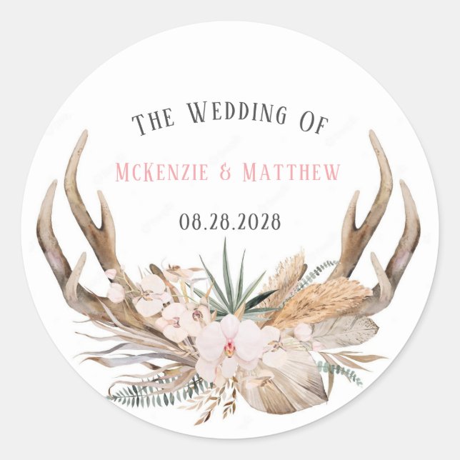 Sticker Rond Boho Deer Antlers et Florals Mariage (Devant)