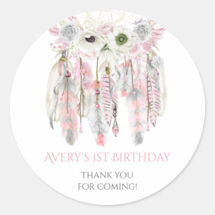 Sticker Rond Boho Dream Catcher Gris rose Plumes d'ivoire