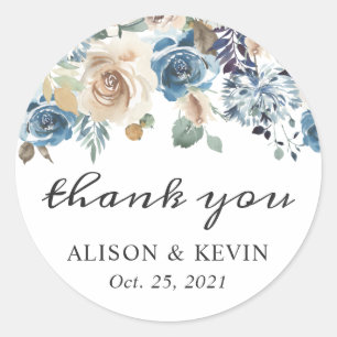 Sticker Rond Boho Dusty Bleu Beige Rustique Floral Merci