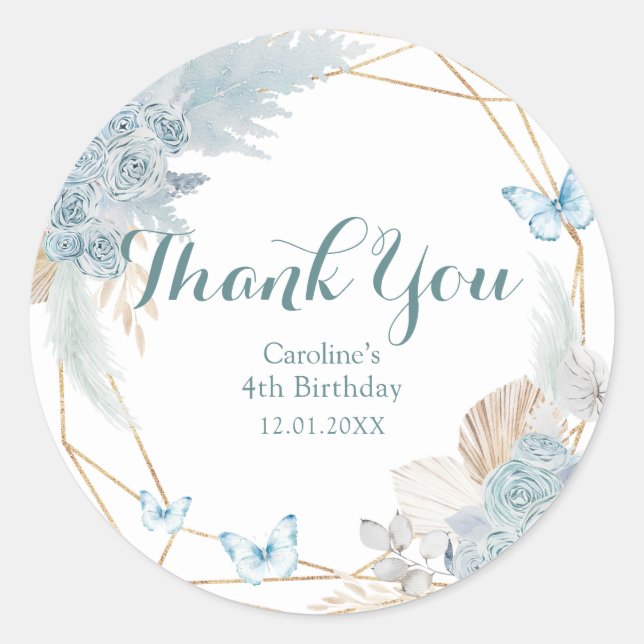 Sticker Rond Boho Dusty Blue Butterfly Merci d'anniversaire (Devant)
