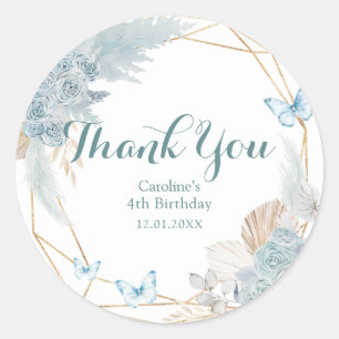 Sticker Rond Boho Dusty Blue Butterfly Merci d'anniversaire