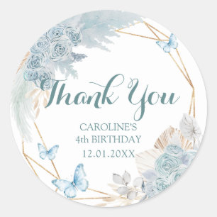 Sticker Rond Boho Dusty Blue Butterfly Merci d'anniversaire