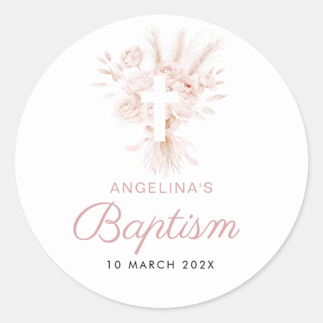 Sticker Rond boho dusty rose pampas baptême floral (Devant)