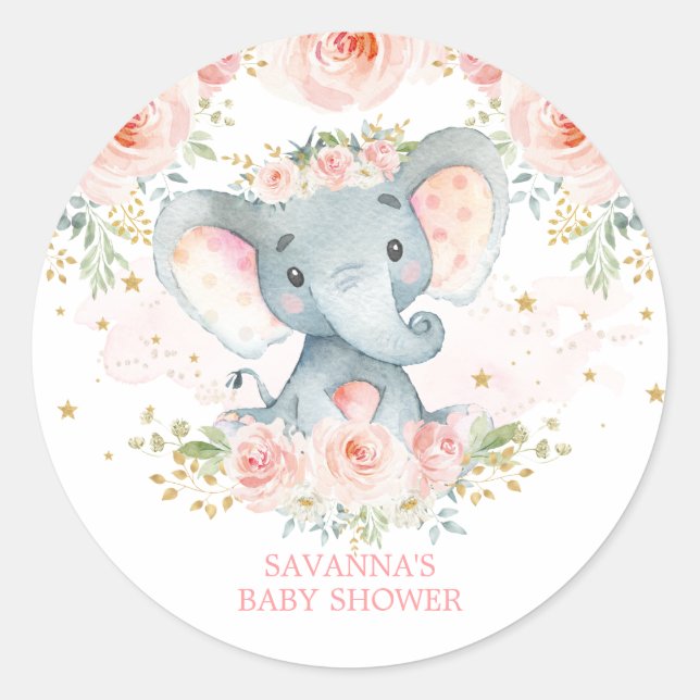 Sticker Rond Boho Elephant rose Floral Baby Girl (Devant)