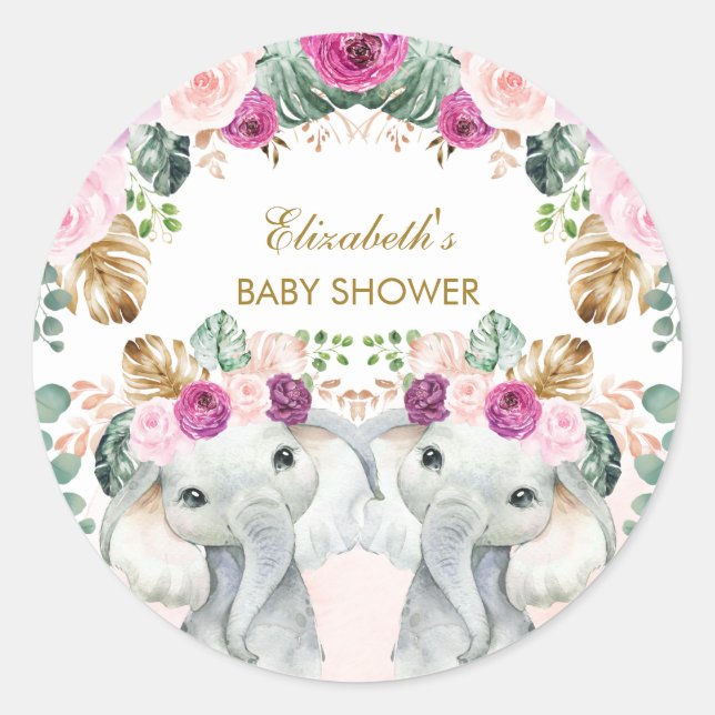 Sticker Rond Boho Elephant Twins Tropical Blush Purple Floral (Devant)
