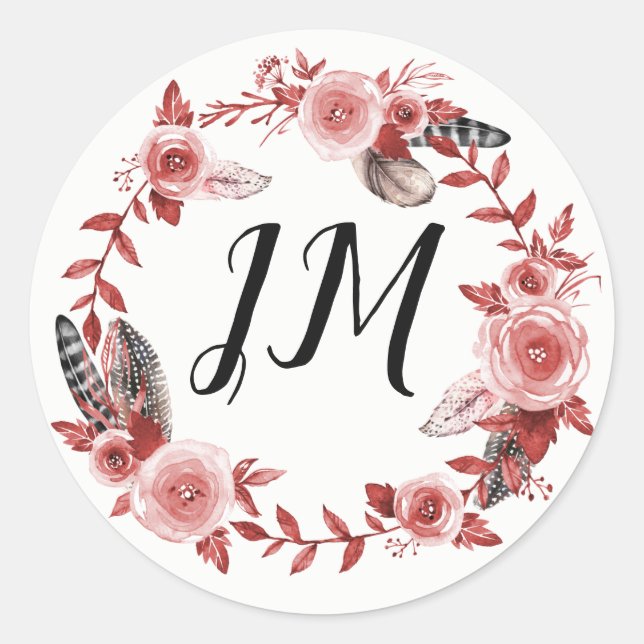 Sticker Rond Boho Feather Bourgogne Rose Wreath Monogramme Mari (Devant)