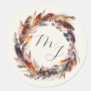 Sticker Rond Boho Feathers Floral Wreath Monogram Mariage