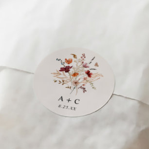 Sticker Rond Boho Fleur de Printemps Automne Bourgogne Rouille