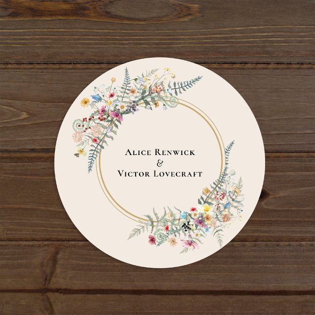 Sticker Rond Boho Fleur sauvage Fern Beige Mariage Enveloppe Ph (Créateur téléchargé)