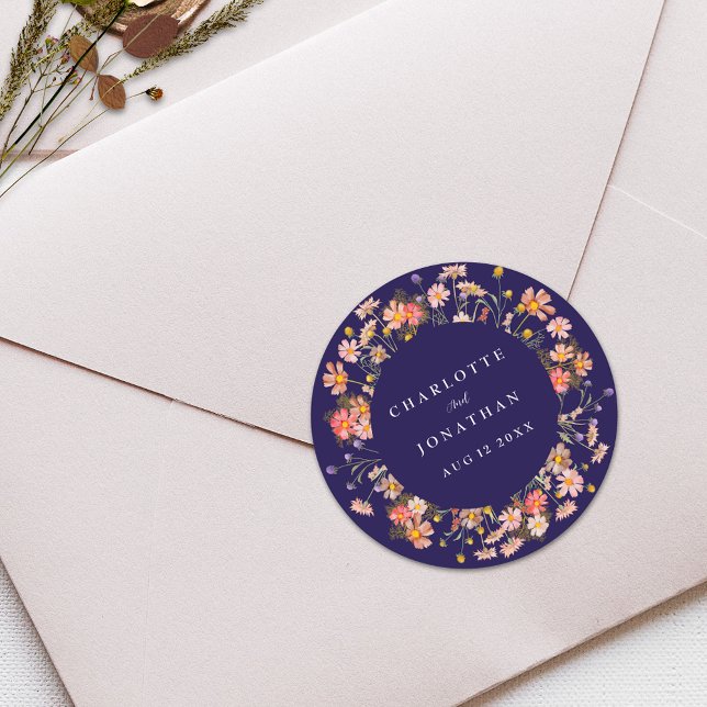 Sticker Rond Boho Fleur sauvage Floral Marine Mariage bleu (Boho fall wildflower floral navy blue and white wedding sticker burnt orange Watercolor flowers)