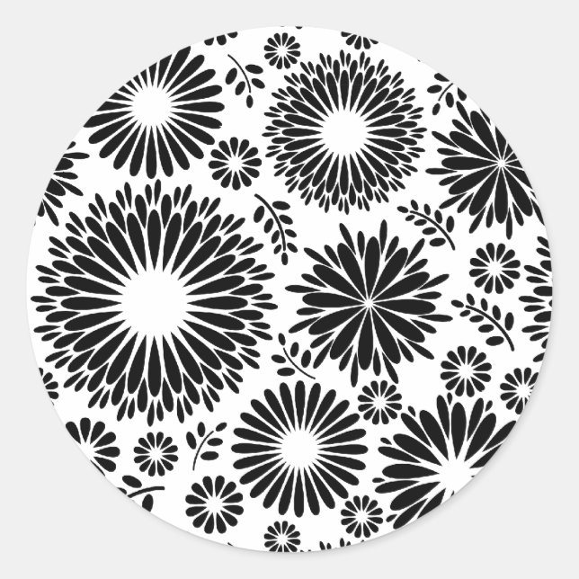 Sticker Rond Boho fleurs Motif floral vectoriel noir et blanc (Devant)