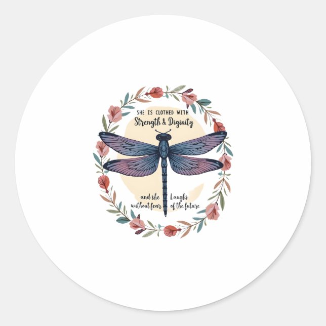 Sticker Rond Boho Floral Dragonfly She Is Clothed With Strength (Devant)