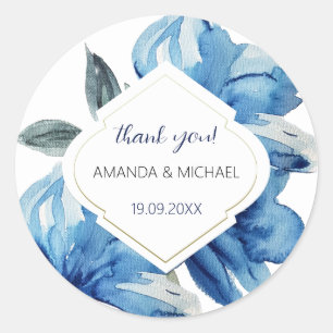 Sticker Rond Boho Floral Indigo Blue Abstrait