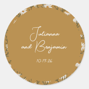 Sticker Rond Boho Floral Jaune Personnalisé Noms De Script Mari