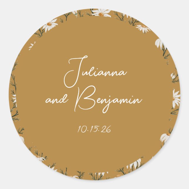 Sticker Rond Boho Floral Jaune Personnalisé Noms De Script Mari (Devant)