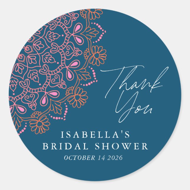Sticker Rond Boho Floral Mandala Fête des mariées bleue Turquoi (Devant)