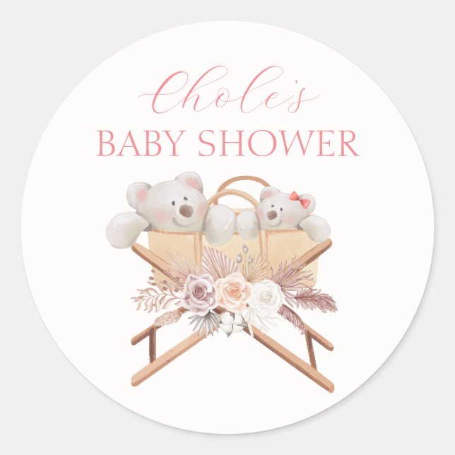 Sticker Rond Boho Floral Ours Bassinet Baby shower fille (Devant)